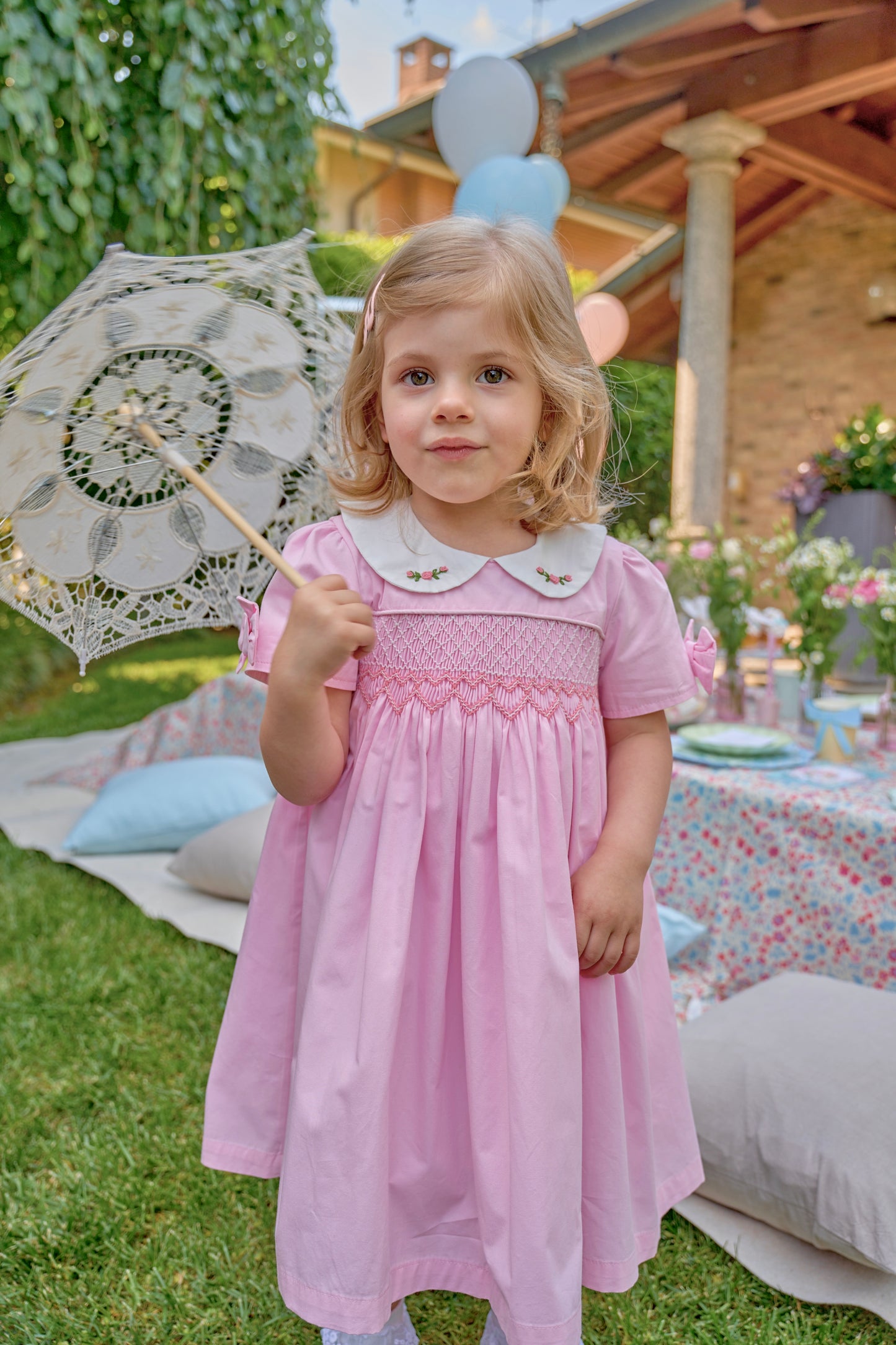 Ginevra Pink Smocked Dress with Embroidered collar