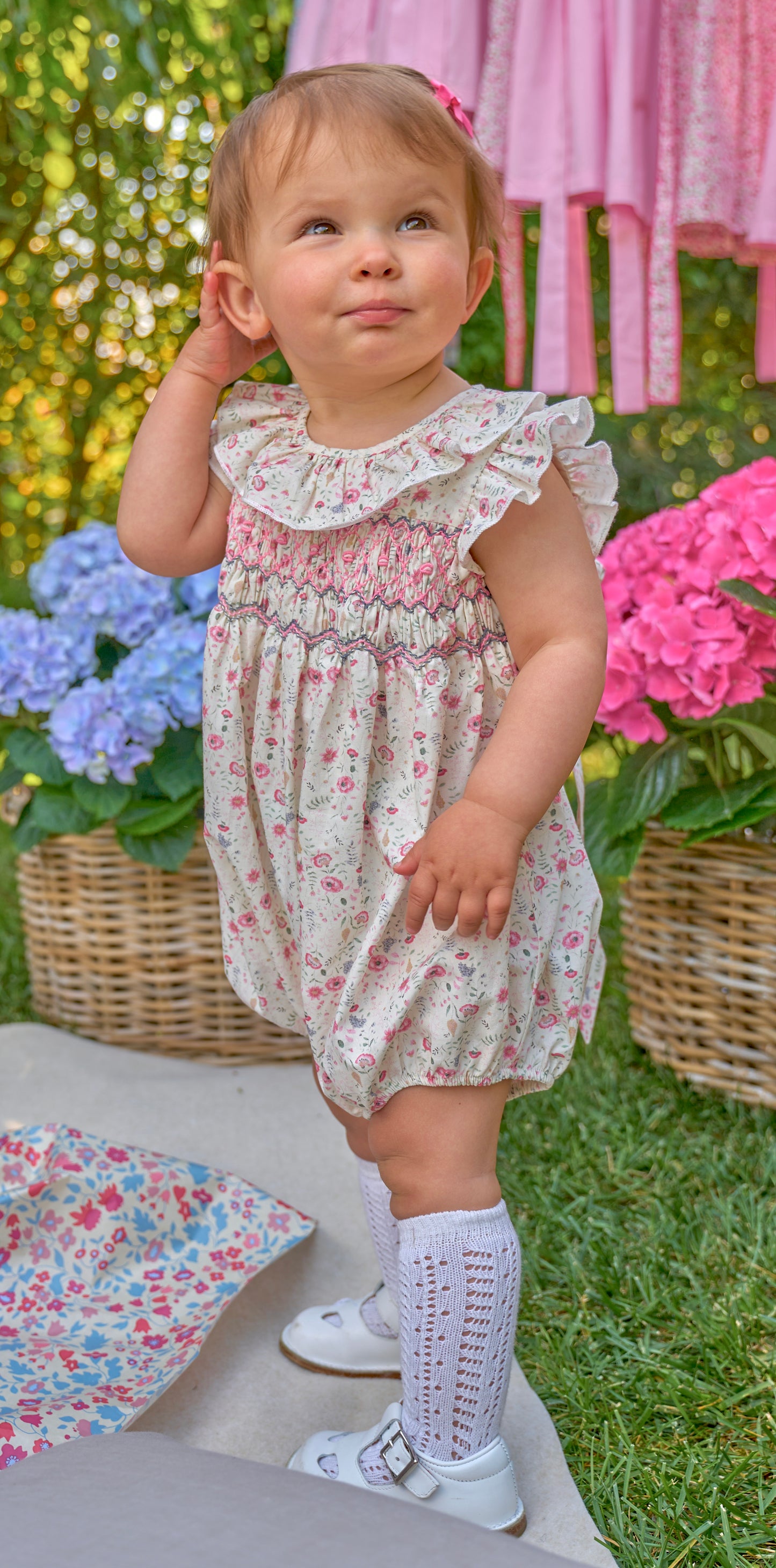 Charlotte Floral Pink Frilled Sleeves Smocked Romper