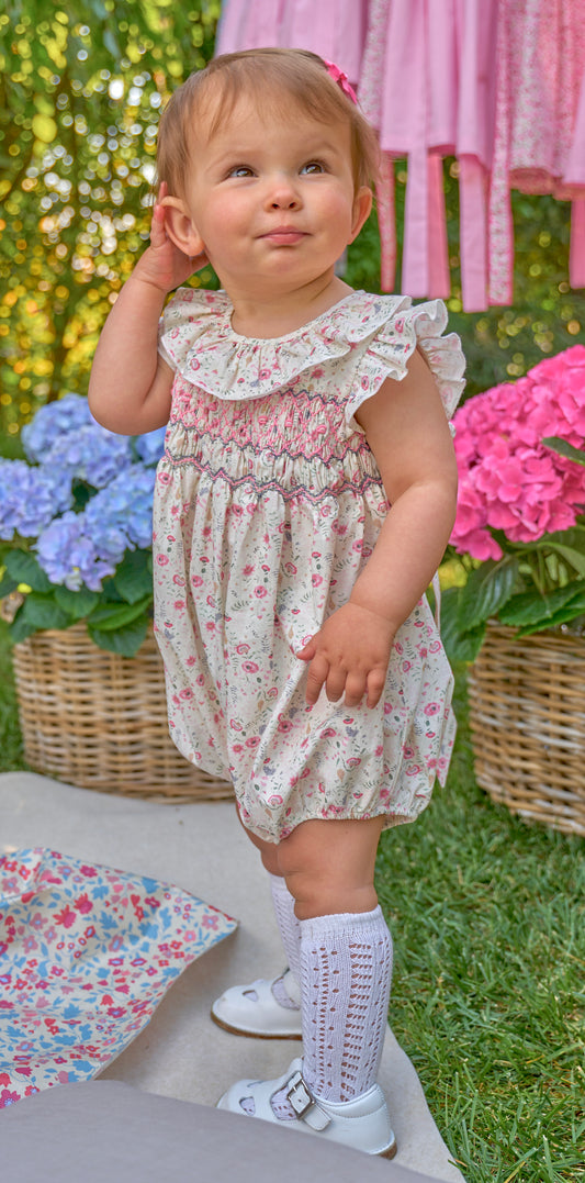 Charlotte Floral Pink Frilled Sleeves Smocked Romper