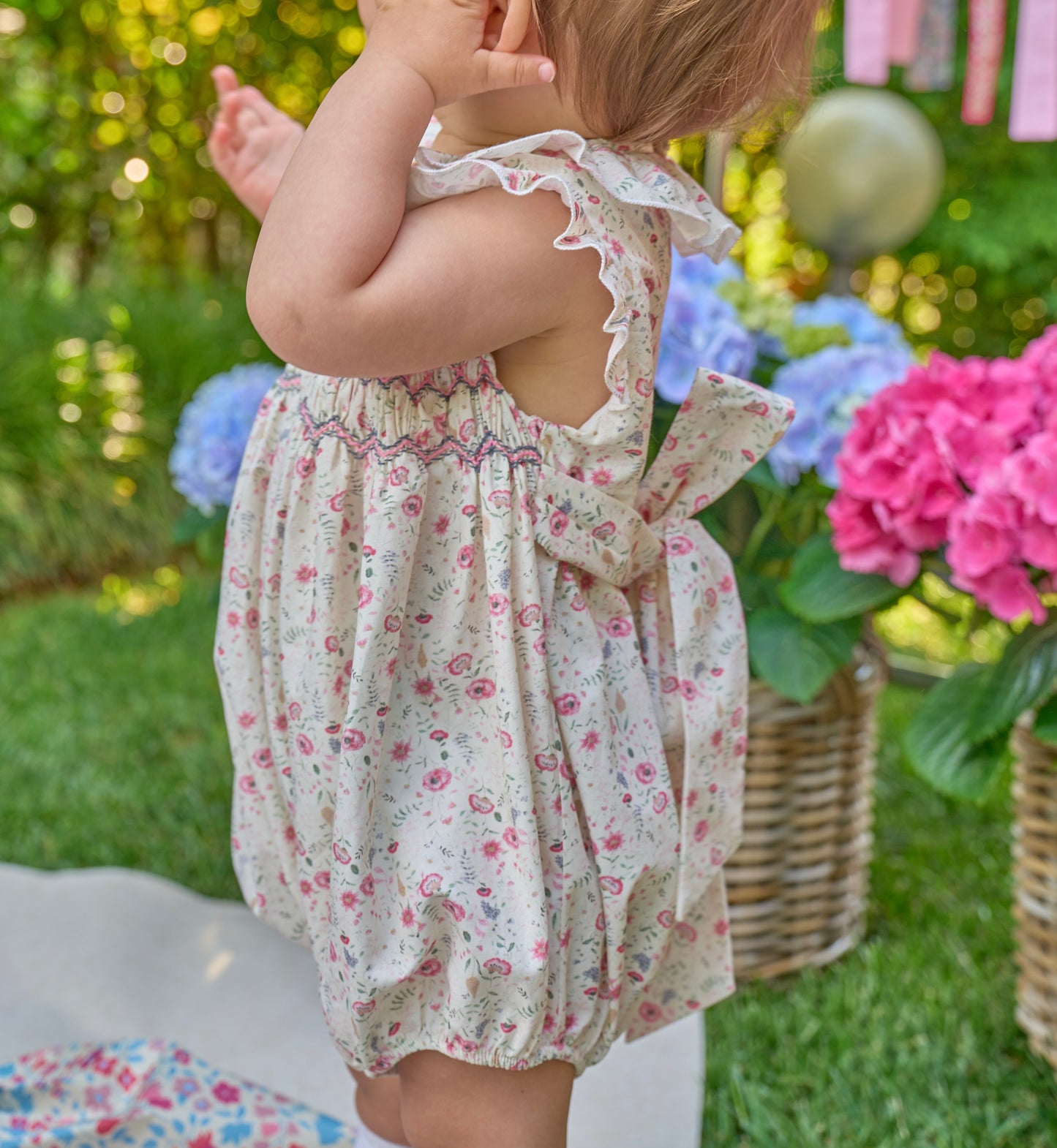 Charlotte Floral Pink Frilled Sleeves Smocked Romper
