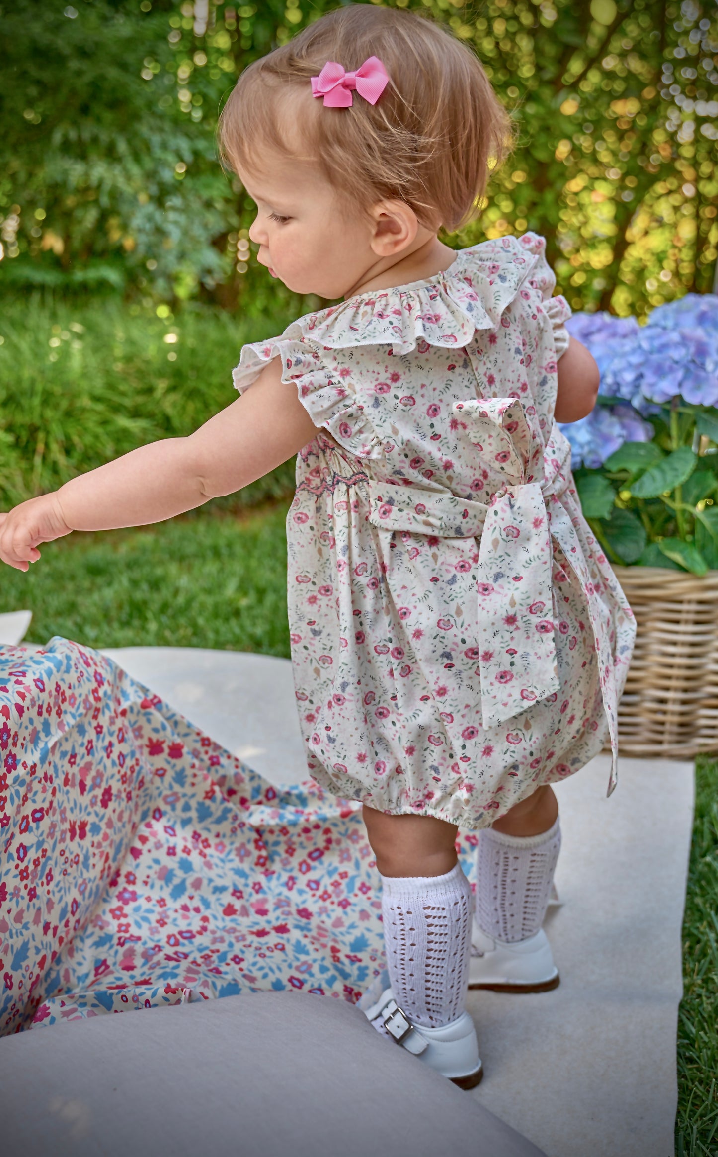 Charlotte Floral Pink Frilled Sleeves Smocked Romper