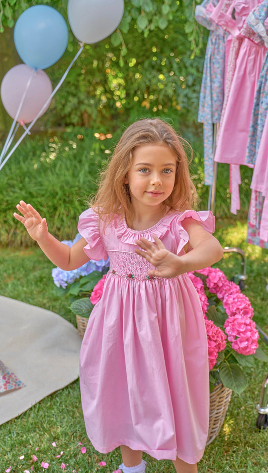 Blanche Pink Smocked Dress Frilled Sleeves