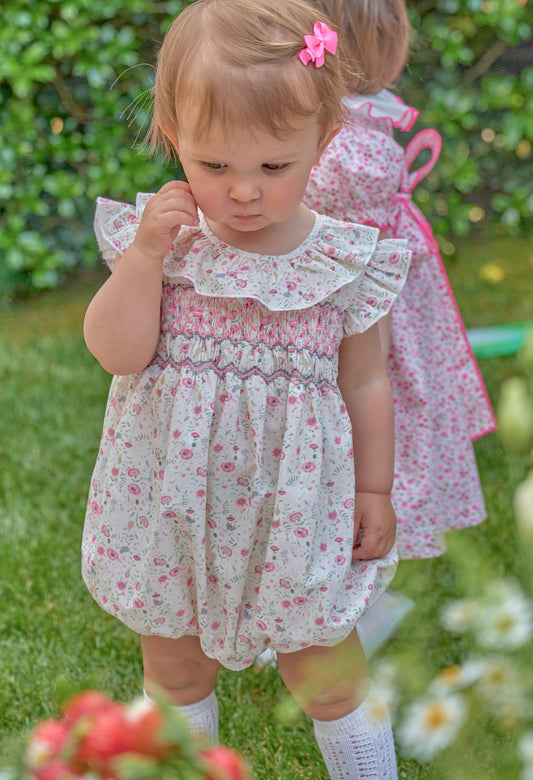 Charlotte Floral Pink Frilled Sleeves Smocked Romper